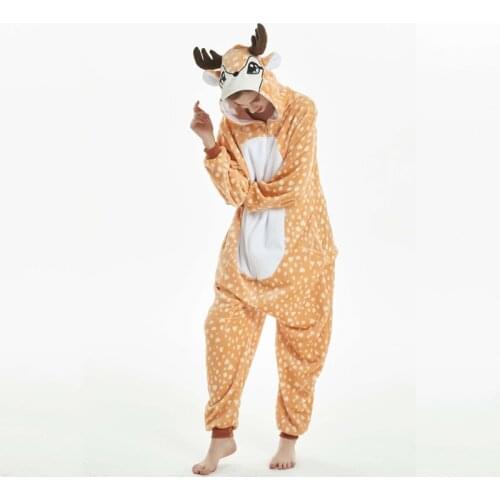 Animal Role Play Fawn Cartoon Pajamas Adult Women Winter Flannel One-Piece Sleepwear Lovely Onesie Christmas Halloween Costume