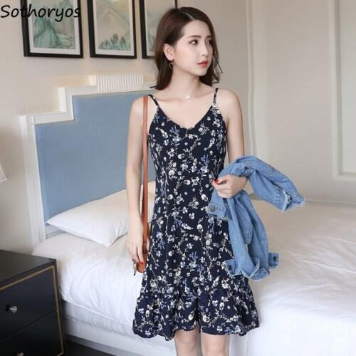 Sleeveless Dress Women Chiffon V-Neck Printed High Waist Korean Style Womens Clothing Elegant Retro Trendy Leisure All-match New