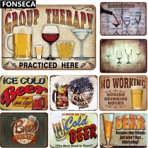 Shabby Metal Tin Signs Group therapy practiced here. Ice Cold Beer Plaque Iron Painting Man Cave Wall Stickers Retro Pub