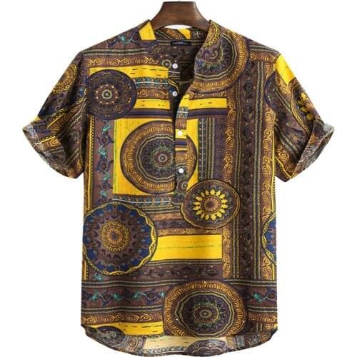 Mens Vintage Ethnic Style Printing Loose Short Sleeve Stand Collar Casual Shirt Streetwear Tops Tess Holiday Beach Mens Hawaii