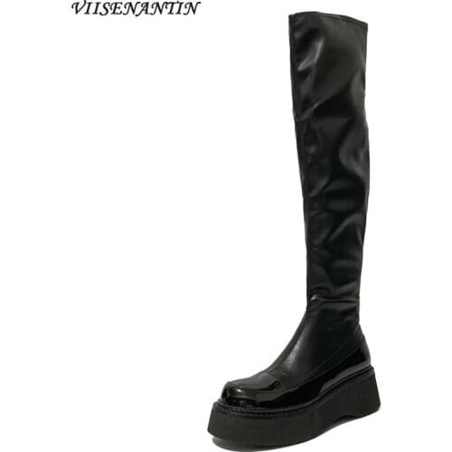 Thick-soled Over-the-knee Boots 2021 New Fashion Round Toe Wedges Increased Elastic Long Boots Black High Tube Knight Boots