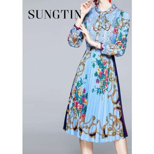 Sungtin High Quality Bow Collar Floral Print Pleated Dress Women Vinatge Long Sleeves Flower Dress Fashion Slim Vestido De Mujer