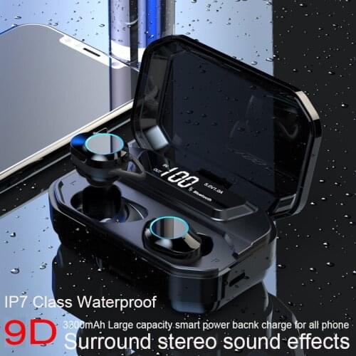 G02 TWS Bluetooth 5.0 Earbuds Handsfree Wireless earphones 9D Stereo Music IPX7 Waterproof headsets with 3300mAh Charging Case