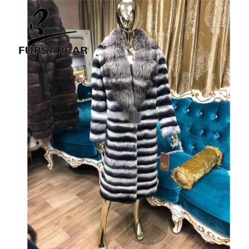 FURSARCAR 110 CM Length Women Real Fur Coat 2020 New Rex Rabbit Fur Coat With Silver Fox Fur Collar Luxury Winter Fur Jacket