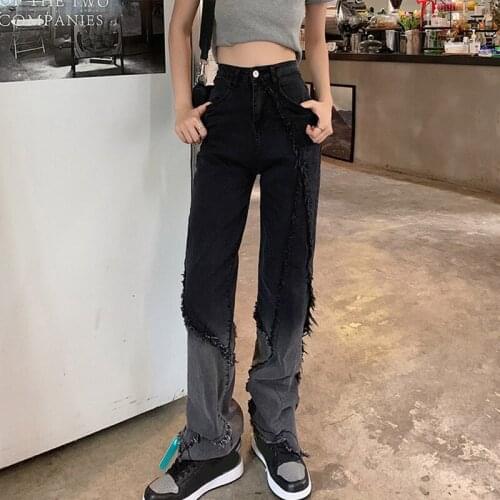 Womens jeans gradient burrs washed plus size high waist wide leg denim trousers cusual streetwear 2021 autumn women loose pants