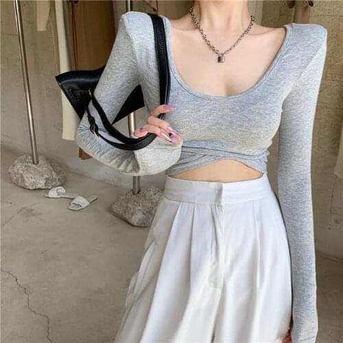 Woman TShirts Spring Autumn Long Sleeve Tight Waist-Exposure T-shirt Womens Autumn Winter Short Top Crop Top Mujer Camisetas