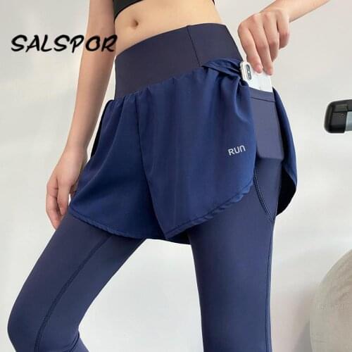 SALSPOR Fitness Leggings Women Fake Two-piece Sport Gym Legging With Pocket Running Letter Quick Dry Sportswear Workout