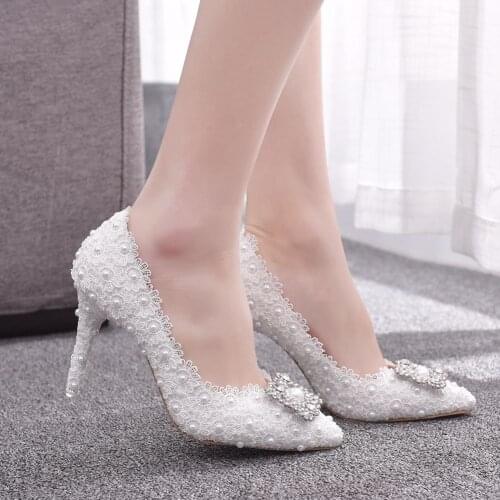 Crystal Queen White Lace High Heels Wedding Shoes Rhinestone decoration bride Party Shoes Women Pumps Ladies High Heels