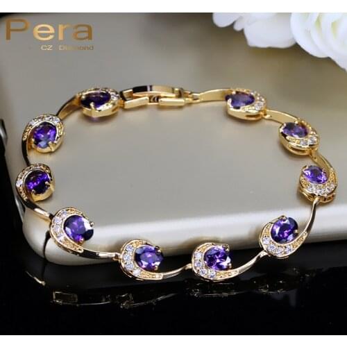 Pera 7 Colors Choice Ladies Summer Party Tennis Style Jewelry Moon Shape Cubic Zirconia Big Purple Stone Bracelet For Women B056