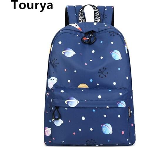 Tourya Fashion Waterproof Polyester Women Backpack Star Space Printing Large Capacity School Bag Teenagers Girls Bookbag Mochila
