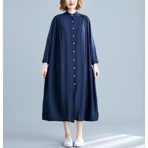 Johnature 2021 New Solid Color Simple 7 Colors Plus Size Women Clothes Dresses Spring Casual Loose O-neck Button Female Dress