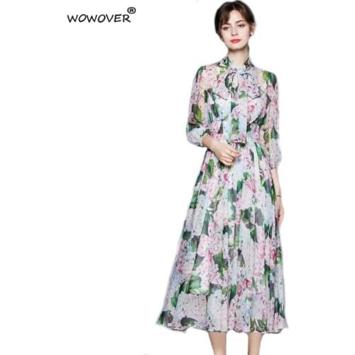 Elegant Bow Collar Floral Print Chiffon Long Bohemian Dress Women Runway Designers Party Vacation Robe Femme Summer Vestidos