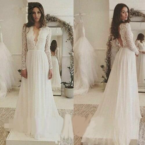Wedding Dress Deep V Collar Wedding Dresses Long Sleeve Vestido De Noiva Elegant Backless Bridal Ball Gowns