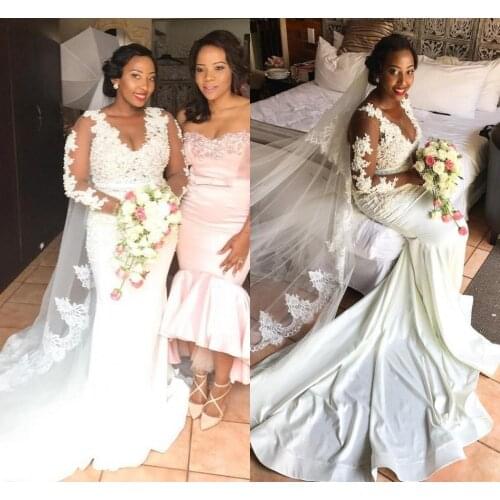 Plus Size African Mermaid Wedding Dresses Pearls Lace Gorgeous Bridal Gowns Sheer Neck Long Sleeves Court Train Vestidos D