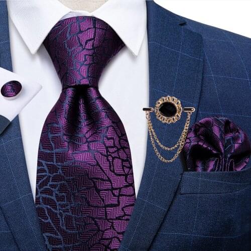 100% Silk Tie Set Purple Black Crack Pattern Necktie Handkerchief Brooch Business Wedding Tie Cravat Gravata Para Homens DiBanGu