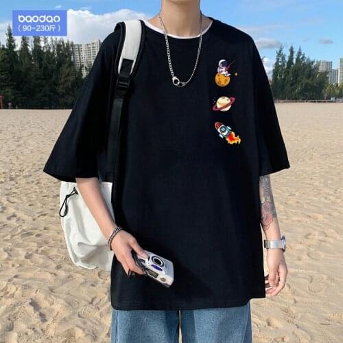 #1017 Black Blue Pink False Two Piece T Shirt Men Cartoon Cartoon Printed T Shirt Summer Hip Hop Loose Harajuku Streetwear Tee