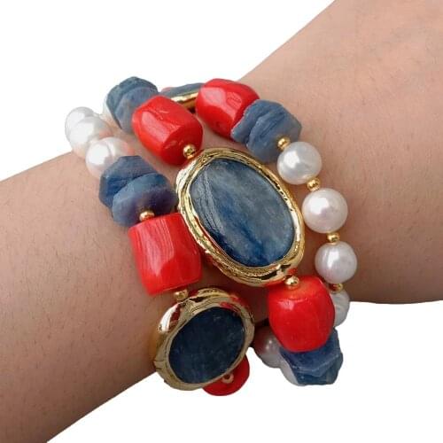 3 Strands Cultured White Pearl Blue Kyanite Oval Shape Red Coral Bracelet