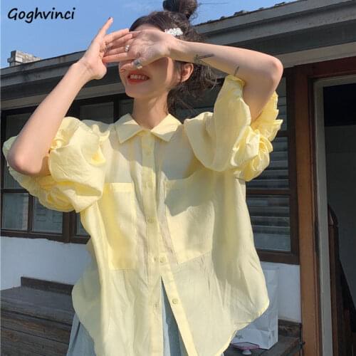 Short Puff Sleeve Shirts Women Designed Solid Loose Turn-down Collar Sun Protection Thin Blouses Female Vintage Retro Stylish