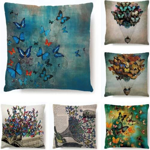 Sofa Decorative Cushion Cover Vintage Butterfle Pillowcase Linen Fabric 45x45cm Throw Pillow Home Decor Pillow Cover Car Office
