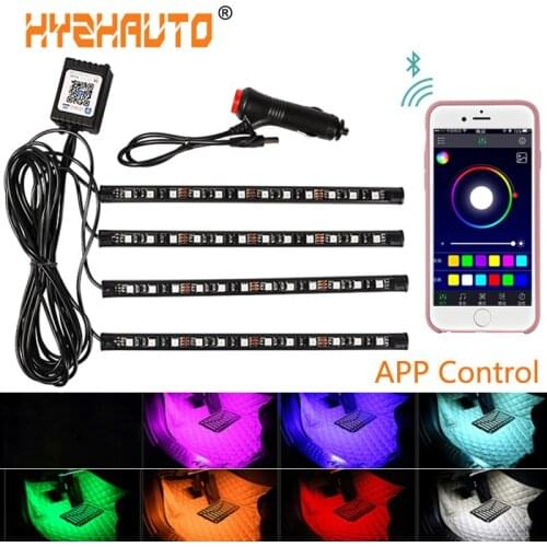 HYZHAUTO 4Pcs/set RGB Car Atmosphere Lights Auto Interior Decorative Lamp Bluetooth APP Control LED Foot Light Strips 12V