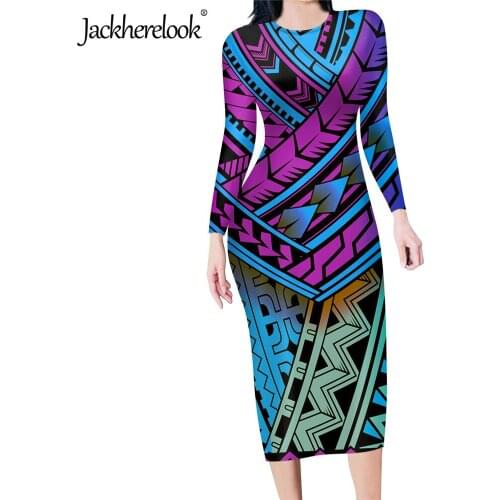 Jackherelook Polynesian Tattoo Vintage Print Autumn Sexy Bodycon Slim Dresses for Womens Party Pencil Dress Vestidos de Mujer