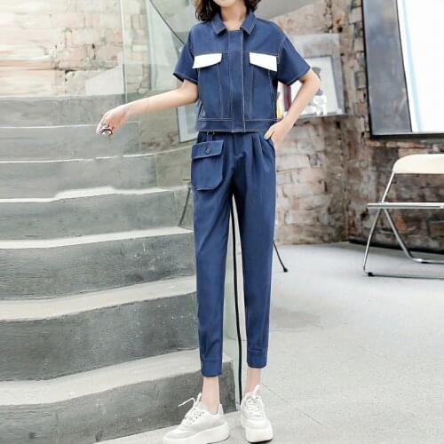 Pant Suit Summer Spring Casual Tracksuit Women Short Sleeve Denim Coat 2 Pieces Set Pencil Jeans Pant Sweatpants Outfits