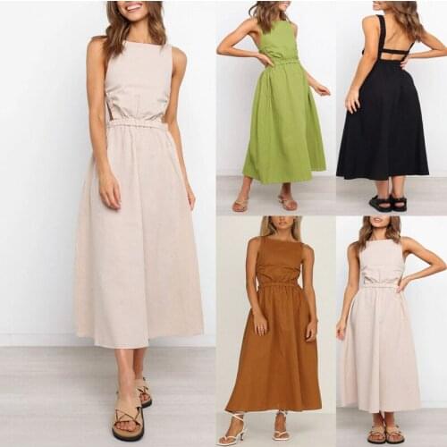 Summer Dress 2021 New Sweet A-line Sleeveless Backless Ankle Length Spaghetti Strap Dress Solid Color Sexy Draw Back Swing Dress