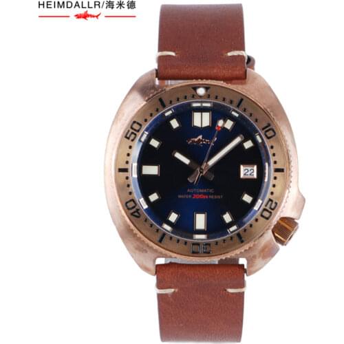 Heimdallr Mens CUSN8 Bronze Diver Watch Black Dial Sapphire Crystal 200M Waterproof NH35 Leather Automatic Mechanical Watches