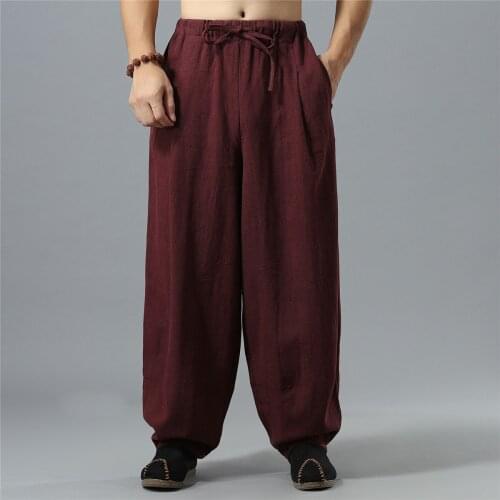 2019 Chinese folk style mens Cotton linen Lantern pants Autumn Winter male Casual Solid color loose trousers Fat pants 4 colors