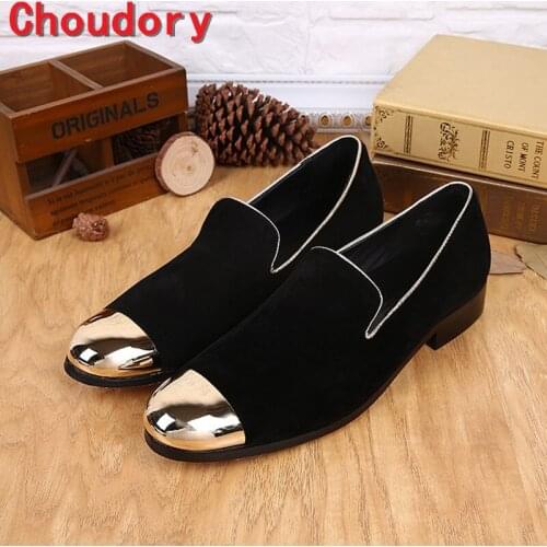 Choudory New Arrival Men Velvet Slippers Leather Shoes Loafers Slip On Metal Toe Gold Dress Shoes Luxury Brand Wedding Shoes