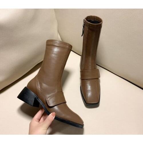 New Short Mid-calf Boots Woman Black Brown Thick Heel Square Toe Martin Boots British Style Mid-tube Leather Low Heels Boots