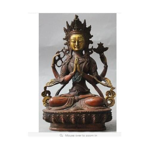 Wholesale factory Decoration s Brass 8" Chinese Tibet Bronze Gilt 4 Hands 4 Arms Kwan-yin Bodhisattva Buddha room Art