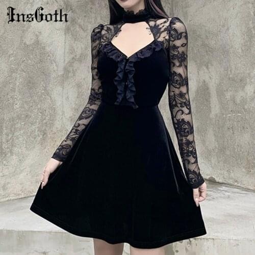 InsGoth Gothic Black Sexy Lace Hollow Out Dress Aesthetic High Waist Long Sleeve Mini Dresses Y2K Punk Halloween Partyclub Dress