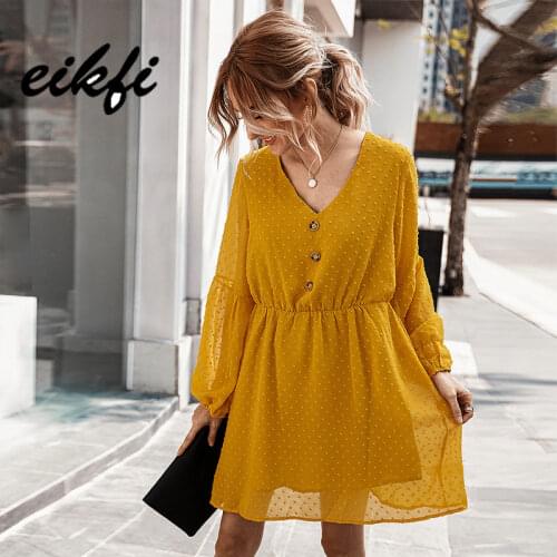 EIKFI Front Buttons Swiss Dot Mesh Women Dress Summer Office Ladies V Neck Long Sleeve High Waist Elegant Yellow Mini Dress Neew