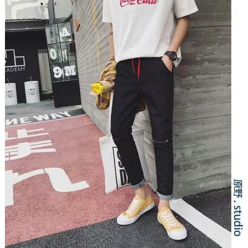 Wholesale 2020 Casual denim hip hop streetwear Cut knee hole Men Trend Korean Teen Wild Tie Hole Harajuku Style Casual Jeans