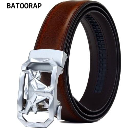 BATOORAP High Quality Mens Belt Genuine Leather Brown Cowhide Metal Automatic Buckle Fashion Silver Null Print Male Touser Belt