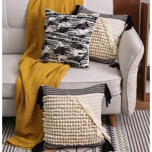 Hand Woven Black Beige Home Decor Embroidery Pillow Cover Grey Indian Cushion Cover with Tassels Pillow Case Pillow Sham 45x45cm
