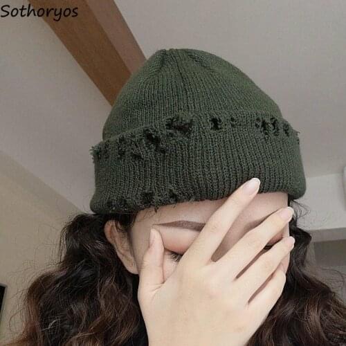 Beanies Women Crochet Solid Multicolor Hip Hop Ripped Street Vintage Chic Retro Winter Warm Fashion Unisex Ulzzang Skullies Hat
