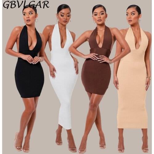 Sexy Open Back Halter Deep V Bodycon Dresses for Women 2021 Party Club Outfits Classy Ladies Sleeveless Knitted Bandage Dress