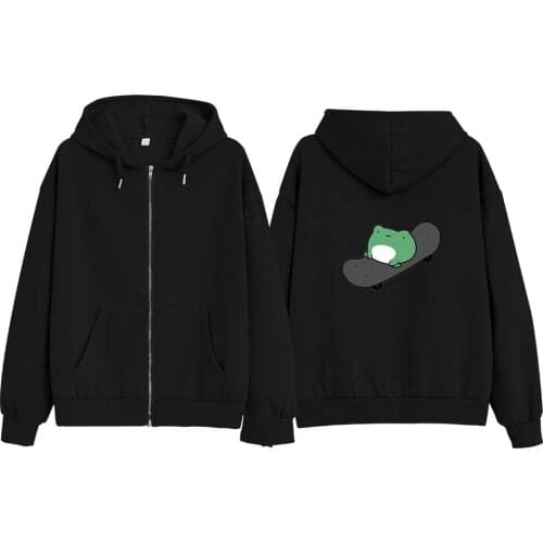 Frog Print Zip Up Hoodie Autumn Winter Hooded Sweatshirt Cotton Hip Hop Clothes Women Kawaii Clothes Aesthetic Fashion Tops
