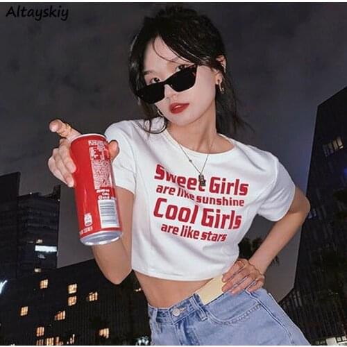 Cropped T-shirts Women Letter Stylish Streetwear Chic Slim Sexy Club All-match Students Korean Style Tops Tee Cozy O-neck Summer