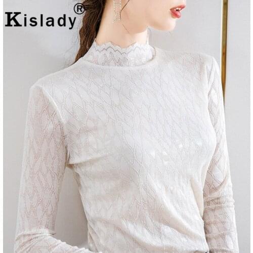 Kislady 2020 Spring Autumn Long Sleeve Hollow Out Gothic Women Shirt Sexy Lace Patchwork OL Plus Size Turtleneck Korean Clothes