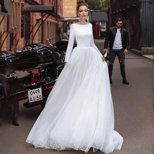 Vestidos De Novia Charming White A Line Bridal Gowns Satin Long Sleeves Puffy Tulle Wedding Dresses Plus Size Robe De Marriage