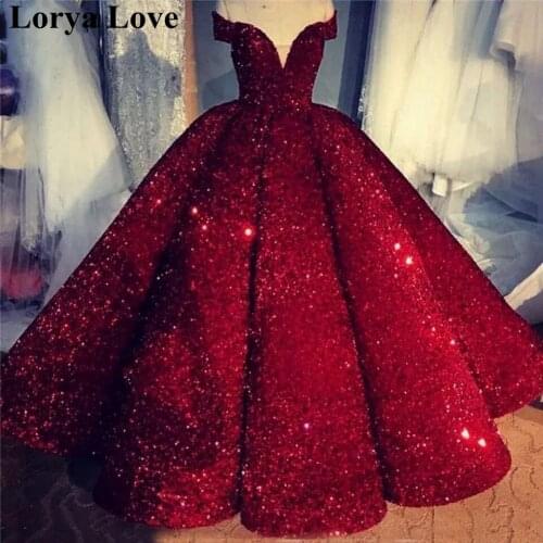 Wine Red Ball Gown Sequin Long Evening Dresses 2020 Women Formal Party Night Robe De Soiree Prom Gowns Off The Shoulder Vestidos