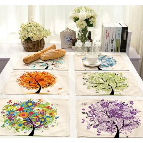 1Pcs Colorful Flower Tree Pattern Kitchen Placemat Coaster Dining Table Mat Cotton Linen Pad Cup Mats 42*32cm Home Decor MP0003