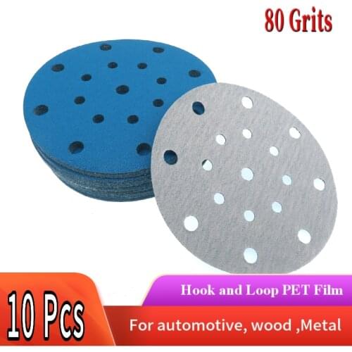 10Pcs 6 Inch 17 Holes 80 Grits Hook and Loop PET Film Blue Sandpaper Sanding Disc