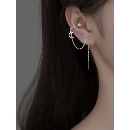 100% Real. 925 Sterling Silver Fine Jewelry Hollow Moon &Zircon Cuff Threader Piercing ear earrings Dangle C-G6171