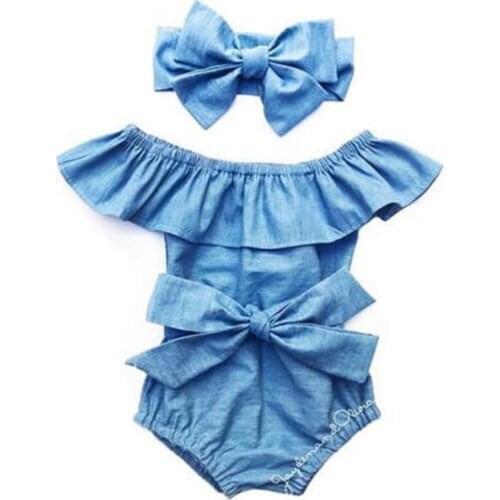 2Pcs lovely Newborn Kids Ruffles Denim Romper Baby Girls Front Bowknot Jumpsuit Outfits Clothes