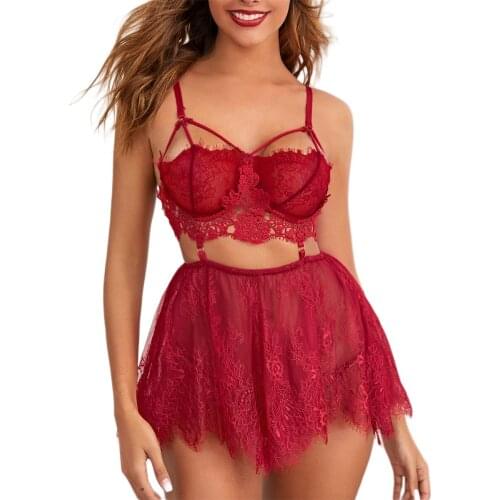 New Fashion Lady Sexy Nightwear Lingerie Outfits Lace Flower Bra+Mesh Short Skirt+Thong 3pcs Sets Extoic Sleepwear