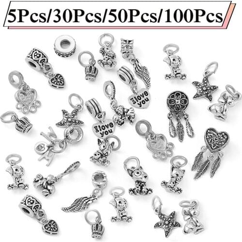 Mixed Style Random Ship Silver Color Charms Beads Dangle Fits DIY Bracelets Jewelry Accessories Wholesale 5Pcs/50Pcs/100Pcs